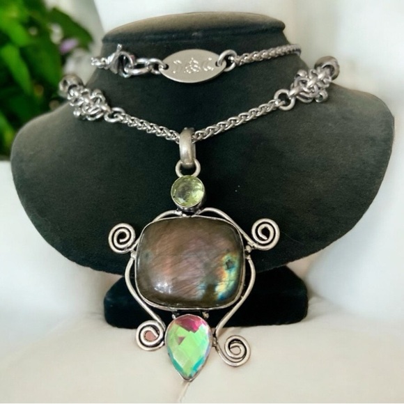 Flash iridescent grey green labradorite yellow citrine iridescent stone necklace - Picture 2 of 16